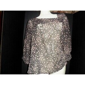Print Sheer Blouse Scoop Neck Black Brown Leopard Women's SZ M USA Chris&Carol